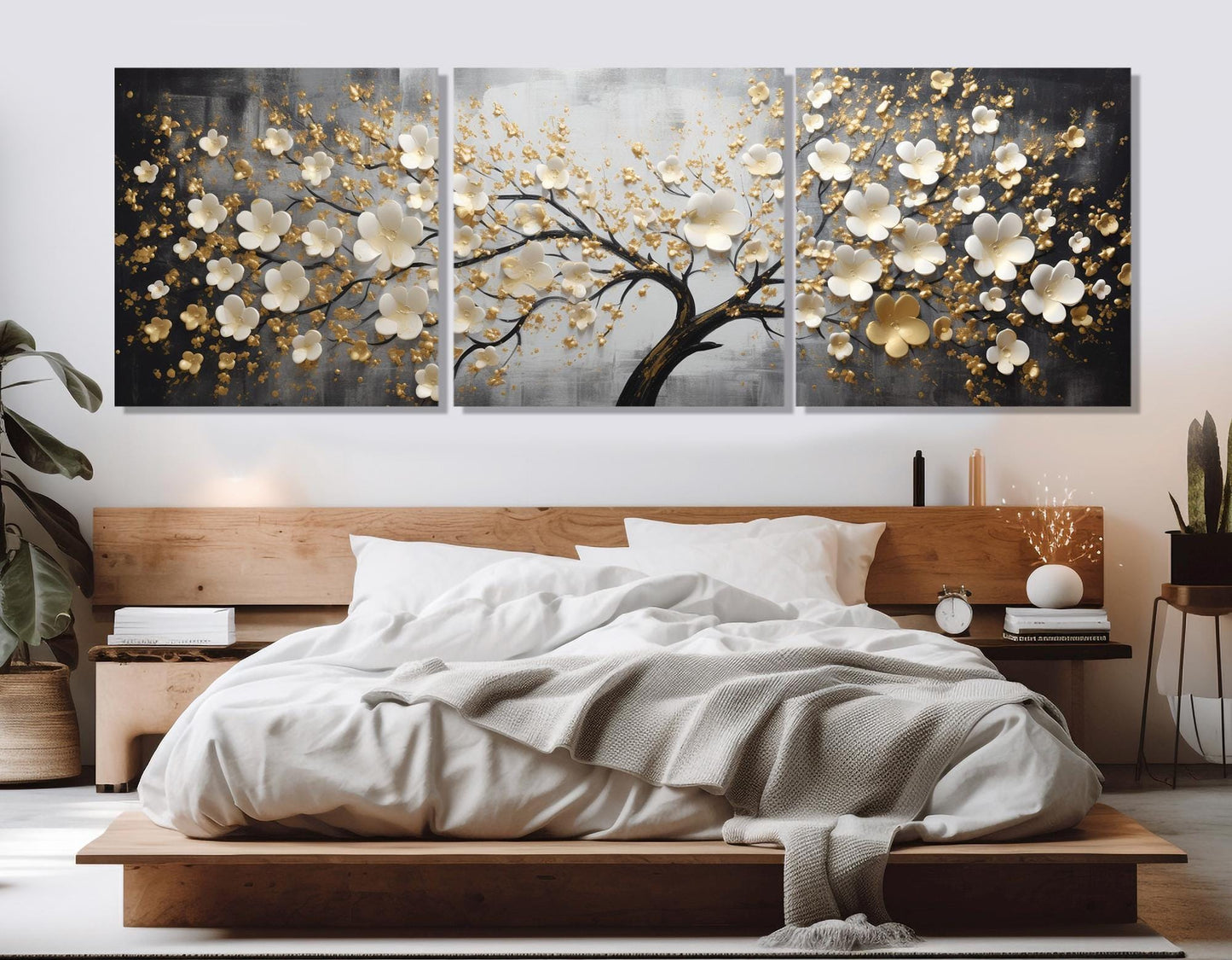 Gold Blossom Canvas Luxury Wall Art - Floral Bedroom Print | Ready to Hang