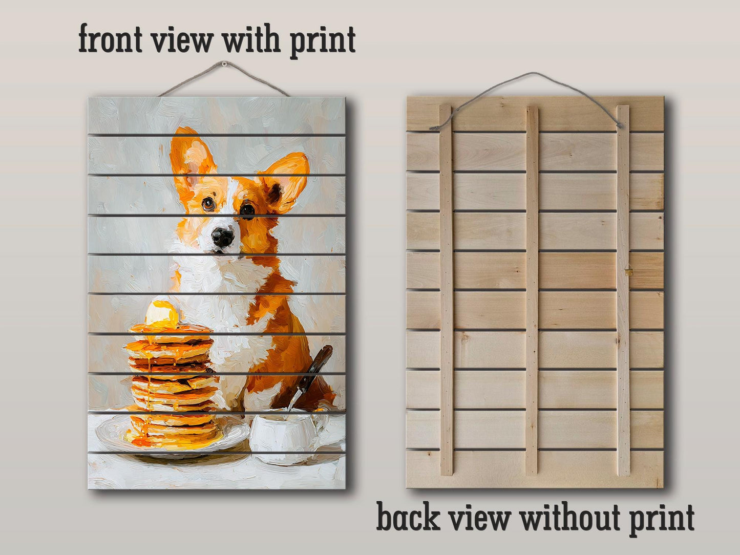 Wood Wall Art - Corgi Pancake Print | Rustic Wood Decor, Minimalist Dog Art