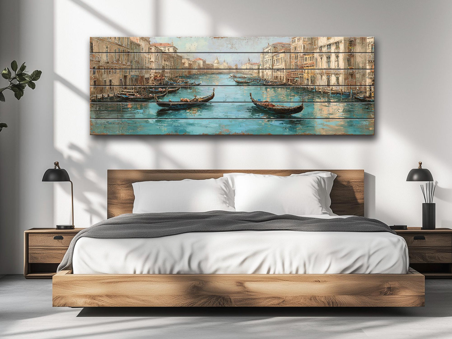 Venice Canal Painting – Turquoise Beige Gondola Art Print on Wooden Wall Decor