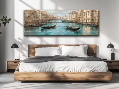 Venice Canal Painting – Turquoise Beige Gondola Art Print on Wooden Wall Decor