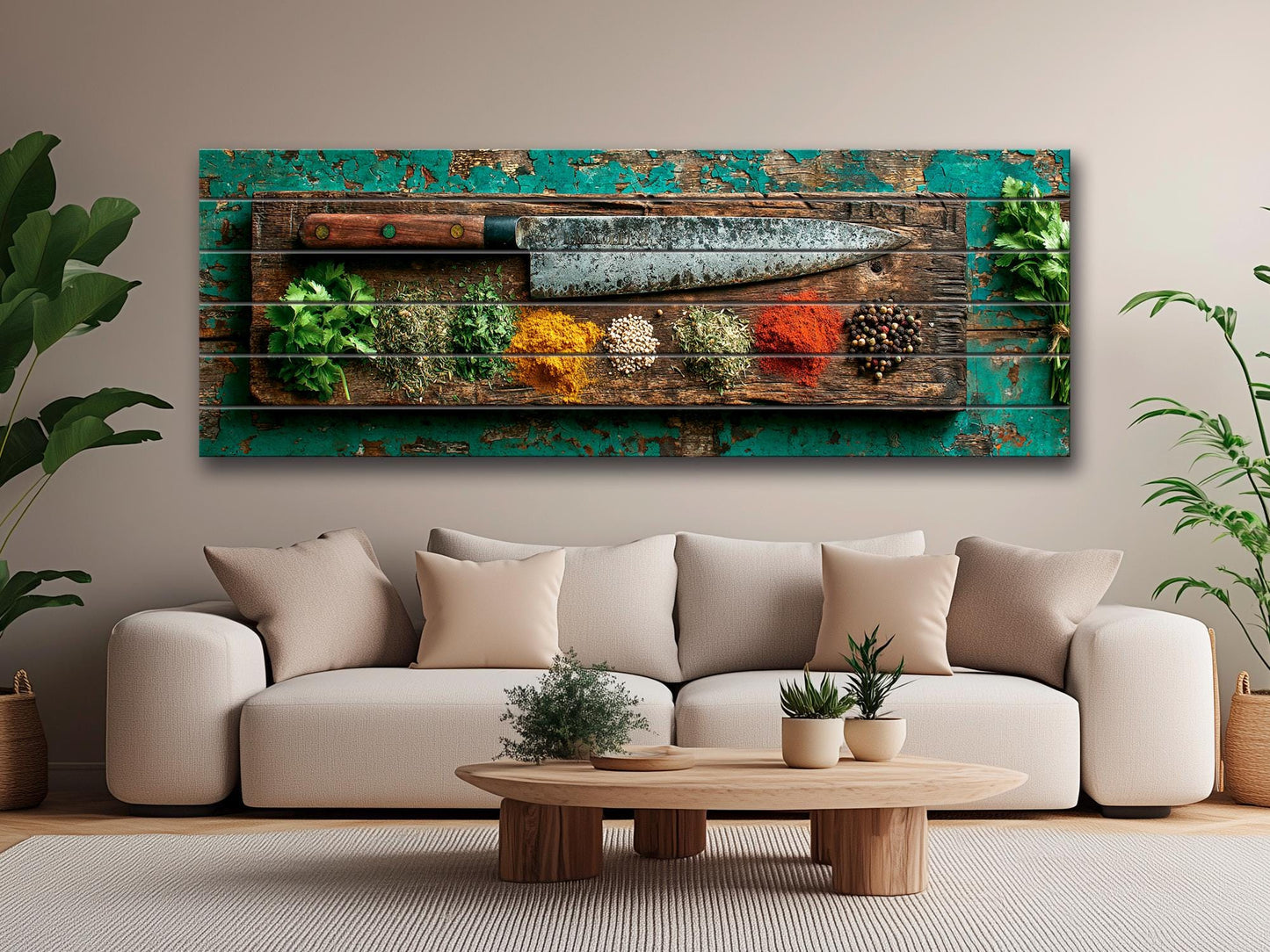 Rustic Kitchen Wall Art – Chef Knife Wood Print with Herbs on Peeling Paint