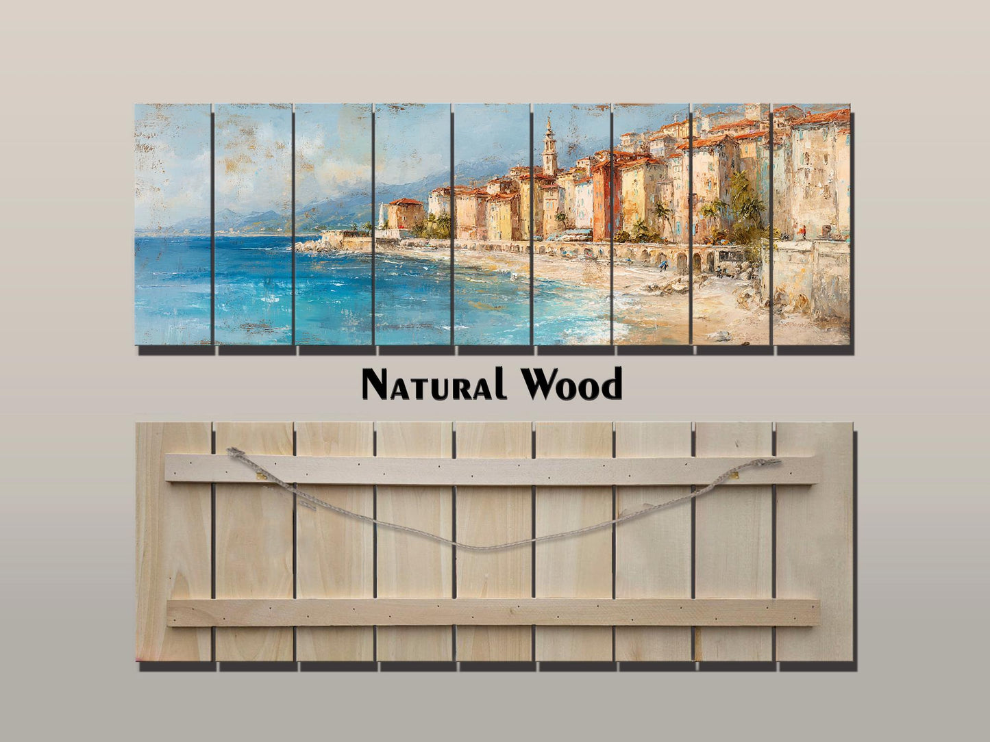 French Riviera Wall Art – Beige Pastel Oil Painting on Wood Planks