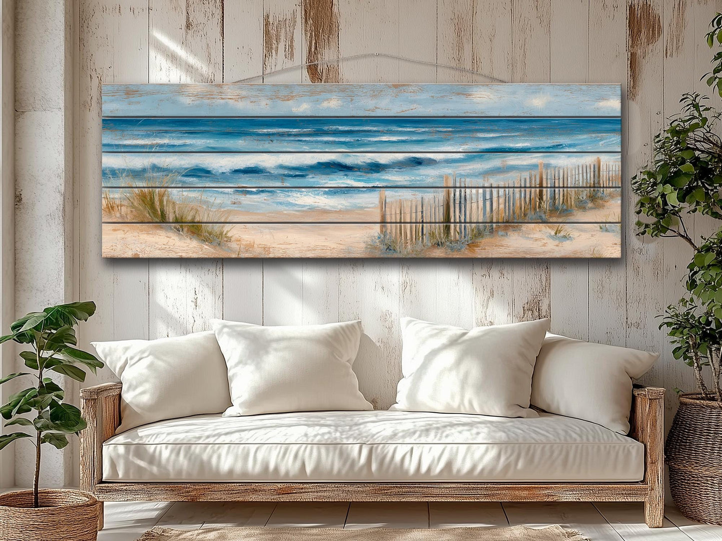 Serene Coastal Scene with Rolling Waves and Sandy Dunes Print on Wood, Seaside Grass, Beach Wall Art, Beach Cabin Decor, Wood Wall Art