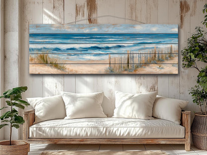 Serene Coastal Scene with Rolling Waves and Sandy Dunes Print on Wood, Seaside Grass, Beach Wall Art, Beach Cabin Decor, Wood Wall Art