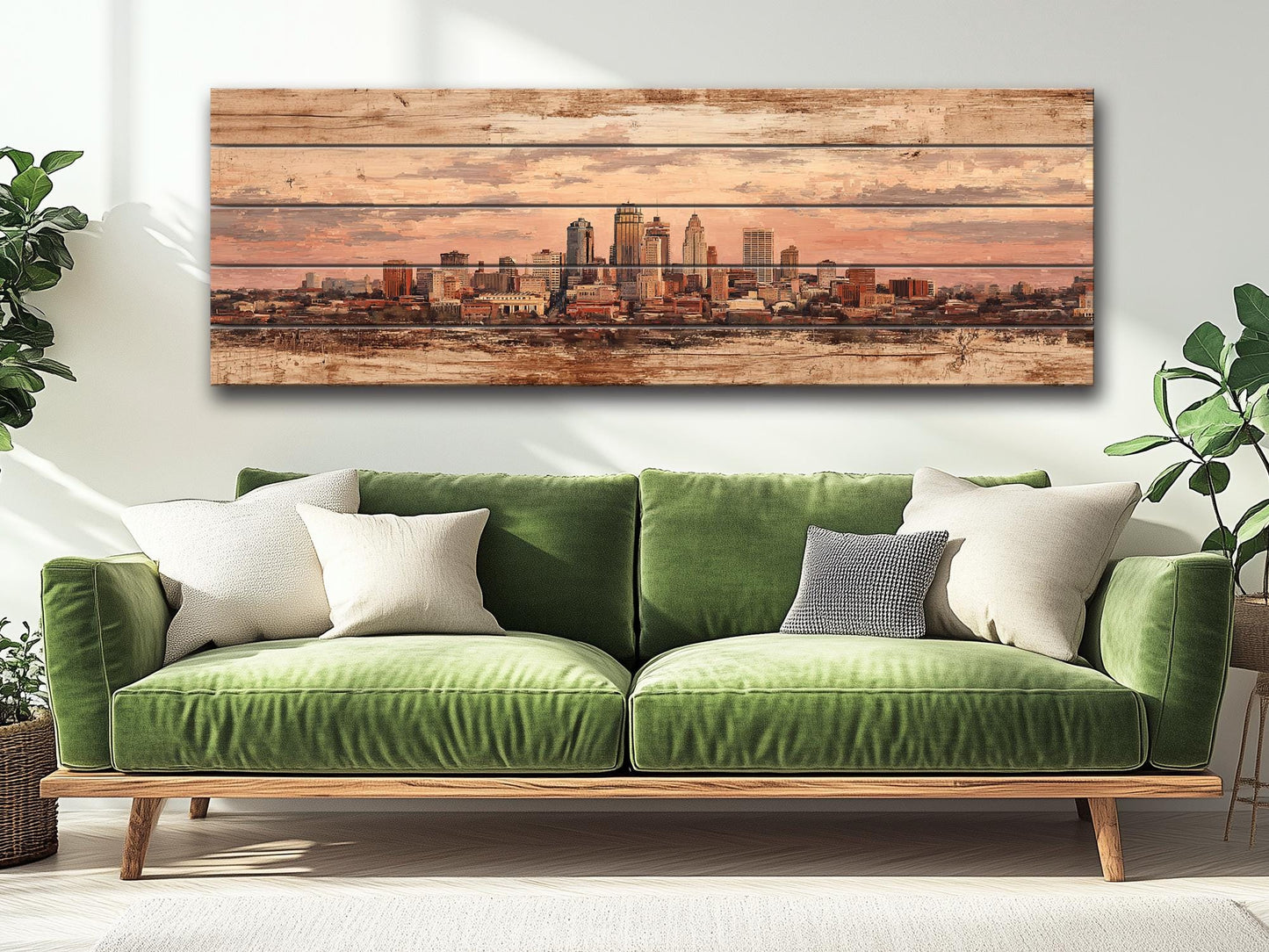 Kansas City Wood Print – Panoramic Skyline Painting on Distressed Wood Art