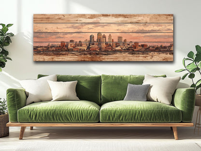 Kansas City Wood Print – Panoramic Skyline Painting on Distressed Wood Art
