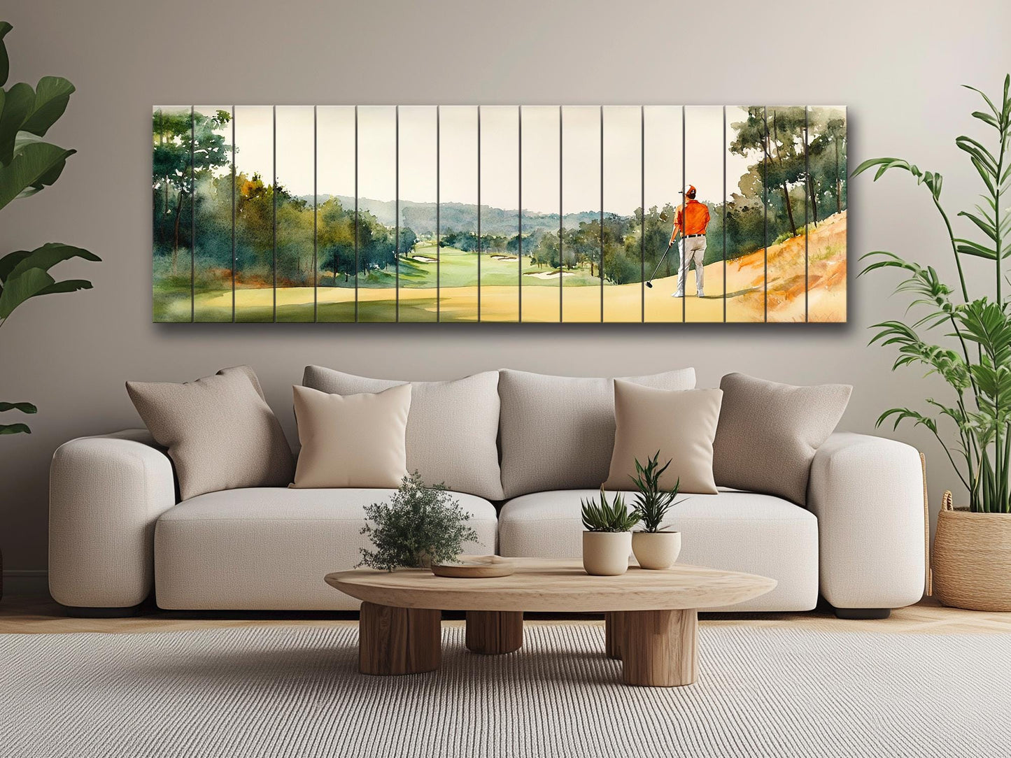 Golf Player Wall Art – Abstract Sports Painting on Natural Wood Print