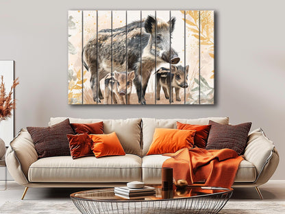 Cute Wild Boar Family Kids Print on Wood – Animal  Wall Art