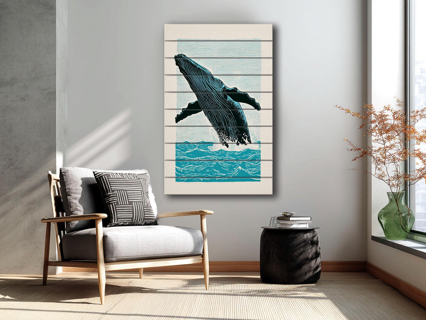 Whale Wood Wall Art – Humpback Linocut Print | Coastal Wood Decor, Ready to Hang