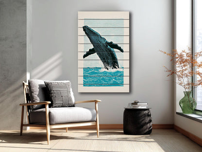 Whale Wood Wall Art – Humpback Linocut Print | Coastal Wood Decor, Ready to Hang