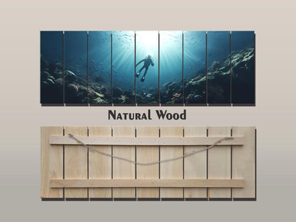Ocean Wall Art – Natural Wood Print | Diving Art Print on Rustic Wood Planks