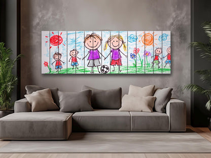 Family Crayon Art Print on Wood, Cute Kids Drawing, Rustic Nursery Wall Decor