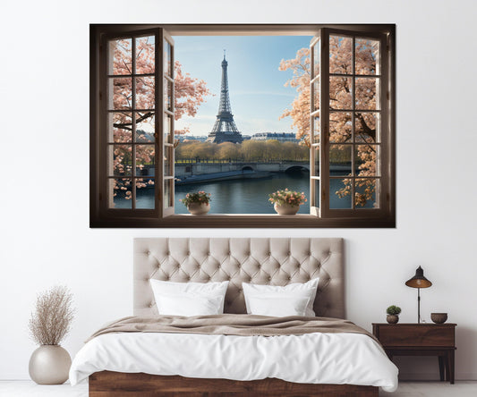 Eiffel Tower Canvas Print - Open Window Wall Art | Paris View Canvas, Ready to Hang