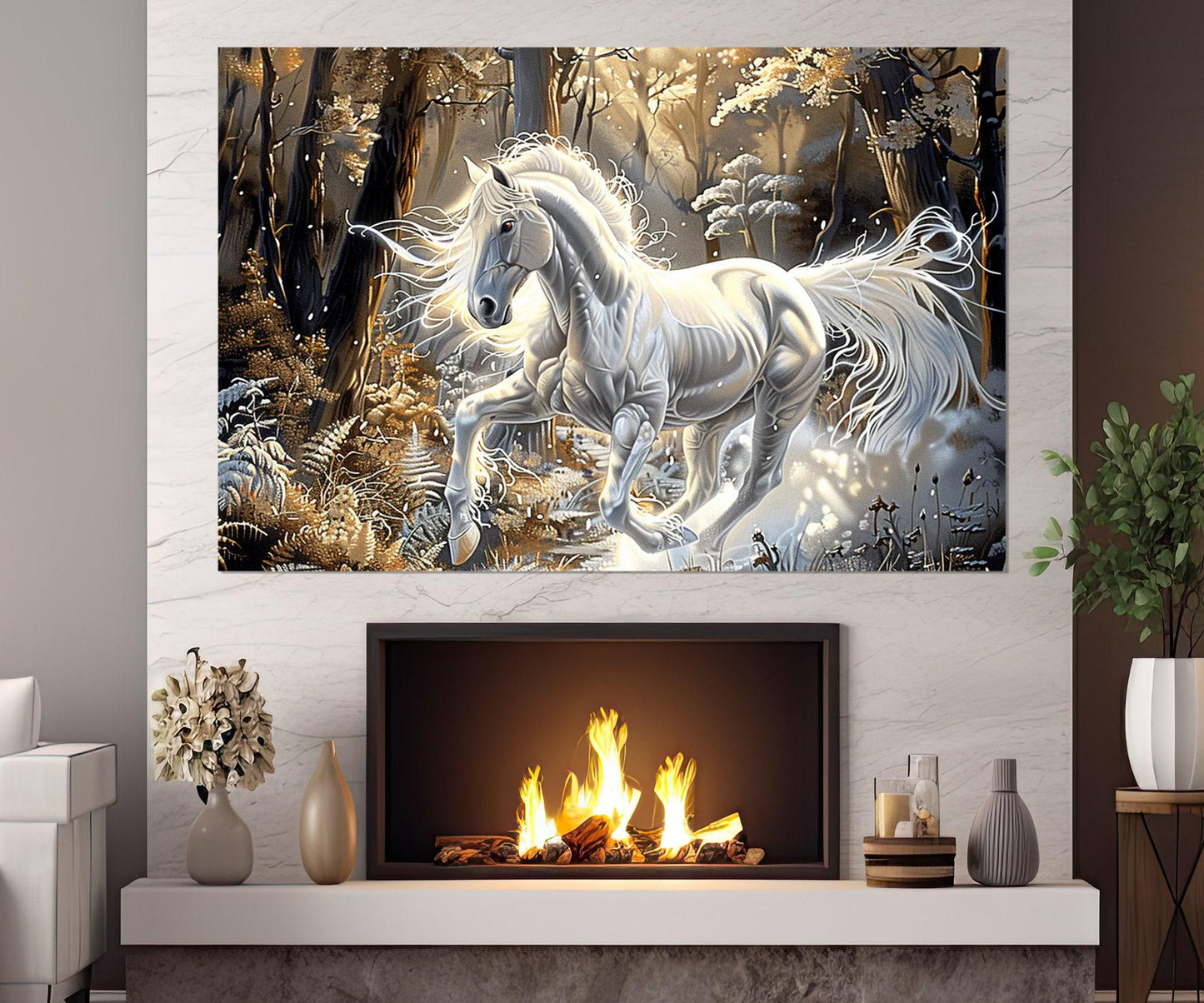 White Horse Canvas - Fantasy Horse Print in Golden Forest | Framed Canvas Art Ready to Hang