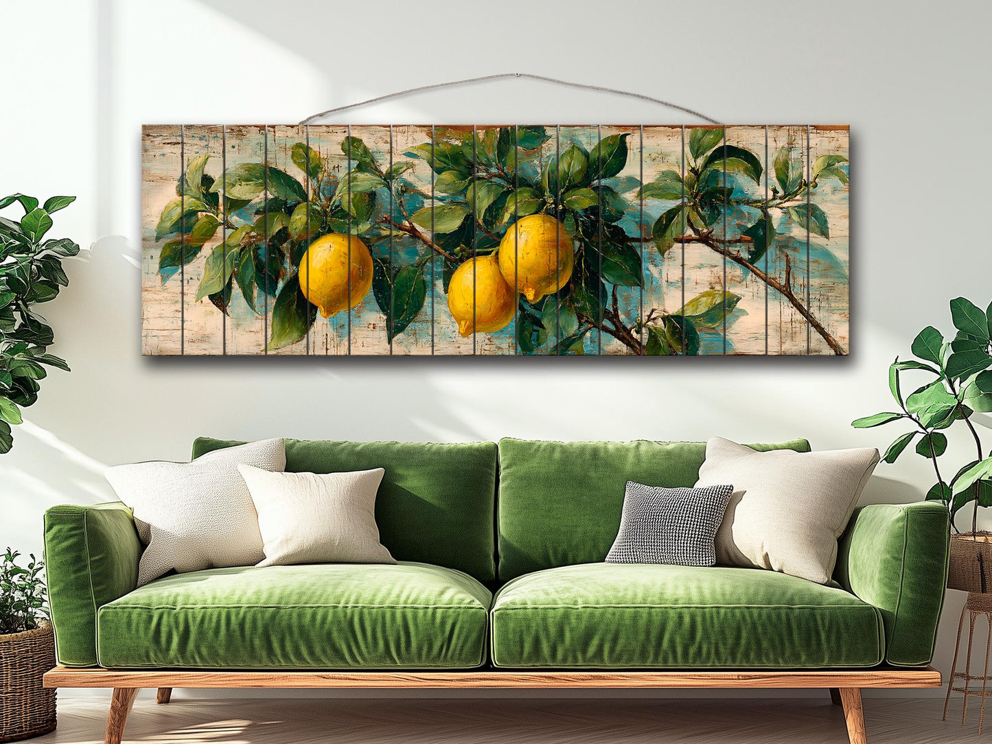 Wood Wall Art – Mediterranean Lemon Tree Painting Printed on Natural Wood, Rustic Lemon Tree Print, Cabin Wall Decor, Kitchen Wall Art