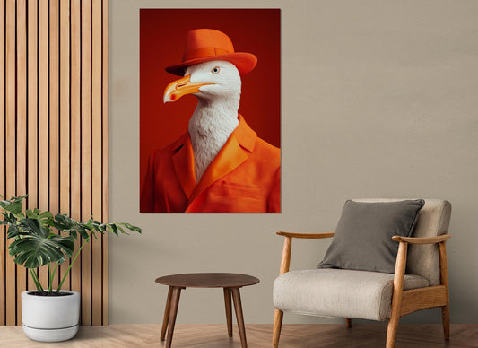 Seagull Canvas Print - Funny Seagull Art in Orange Suit | Framed & Ready to Hang