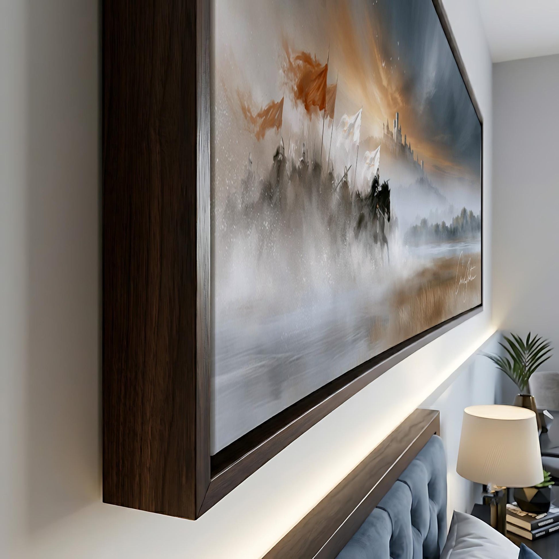a large, framed painting depicting a serene landscape with a castle in the distance, set against a cloudy sky.