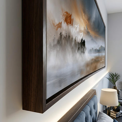 a large, framed painting depicting a serene landscape with a castle in the distance, set against a cloudy sky.