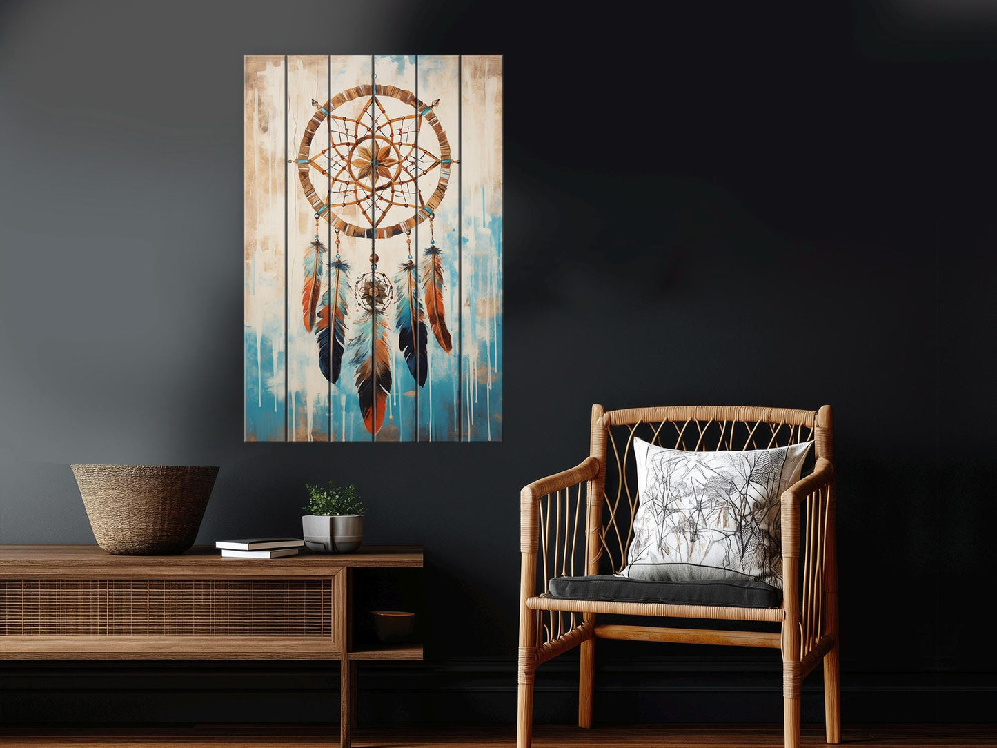 Dreamcatcher Wood Art – Native American Boho Wood Print on Natural Plank