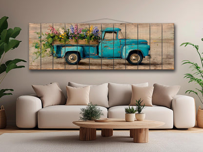 Rustic Wood Wall Art – Vintage Truck Print with Blue Flowers on Wood
