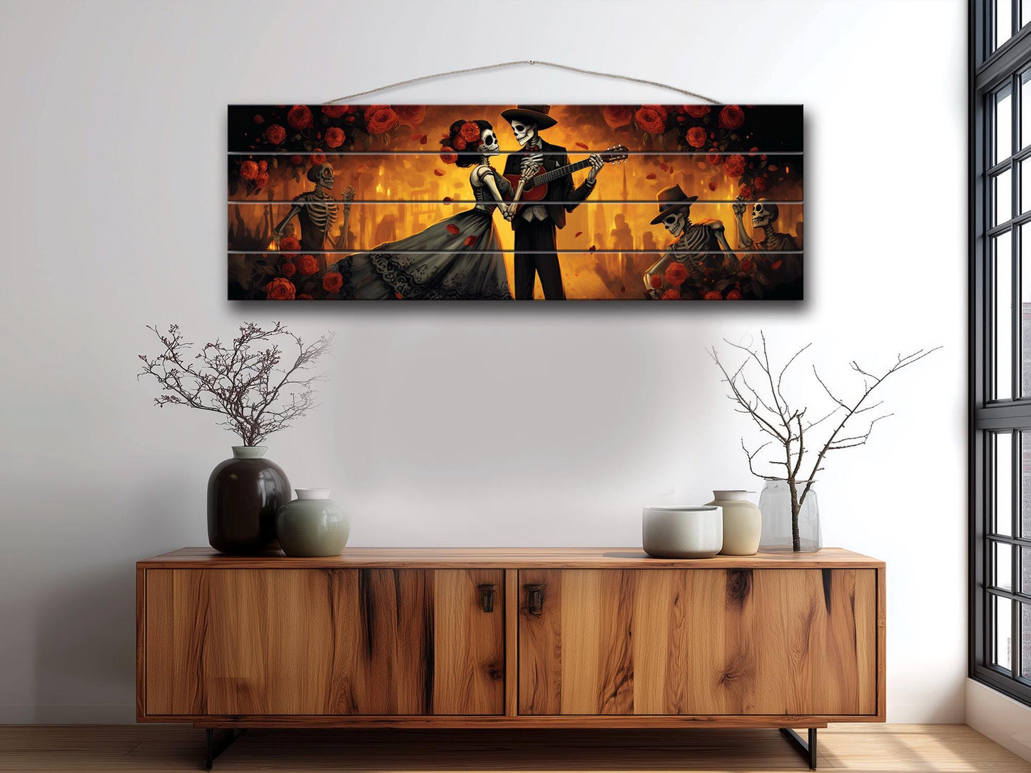Day of the Dead Dancing Print On Natural Wood -Mexican Wall Art