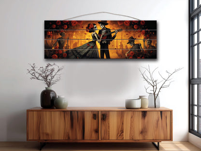 Day of the Dead Dancing Print On Natural Wood -Mexican Wall Art