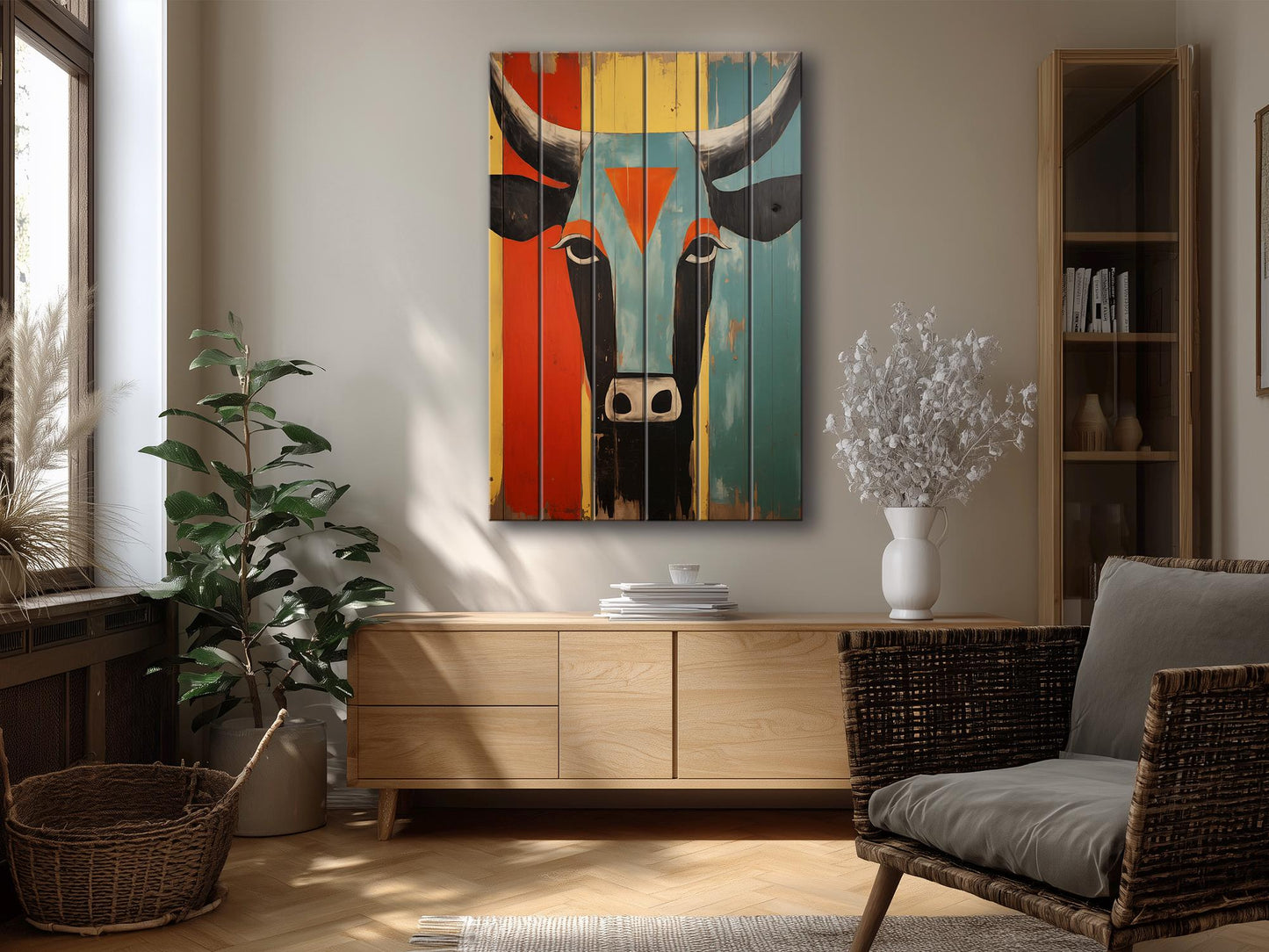 Cow Wall Decor - Abstract Cow Painting on Natural Wood Print | Egyptian Style Decor