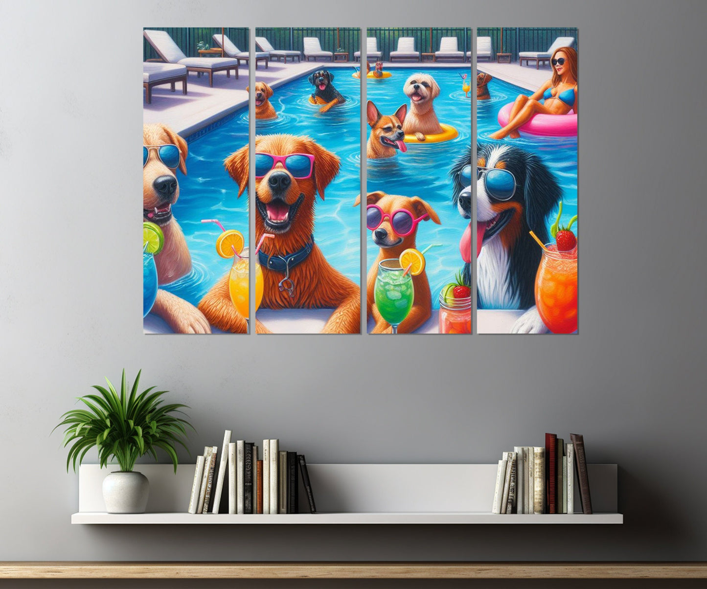 Pool Party Canvas Print - Dogs Pool Party Painting | Framed Cotton Canvas Wall Art