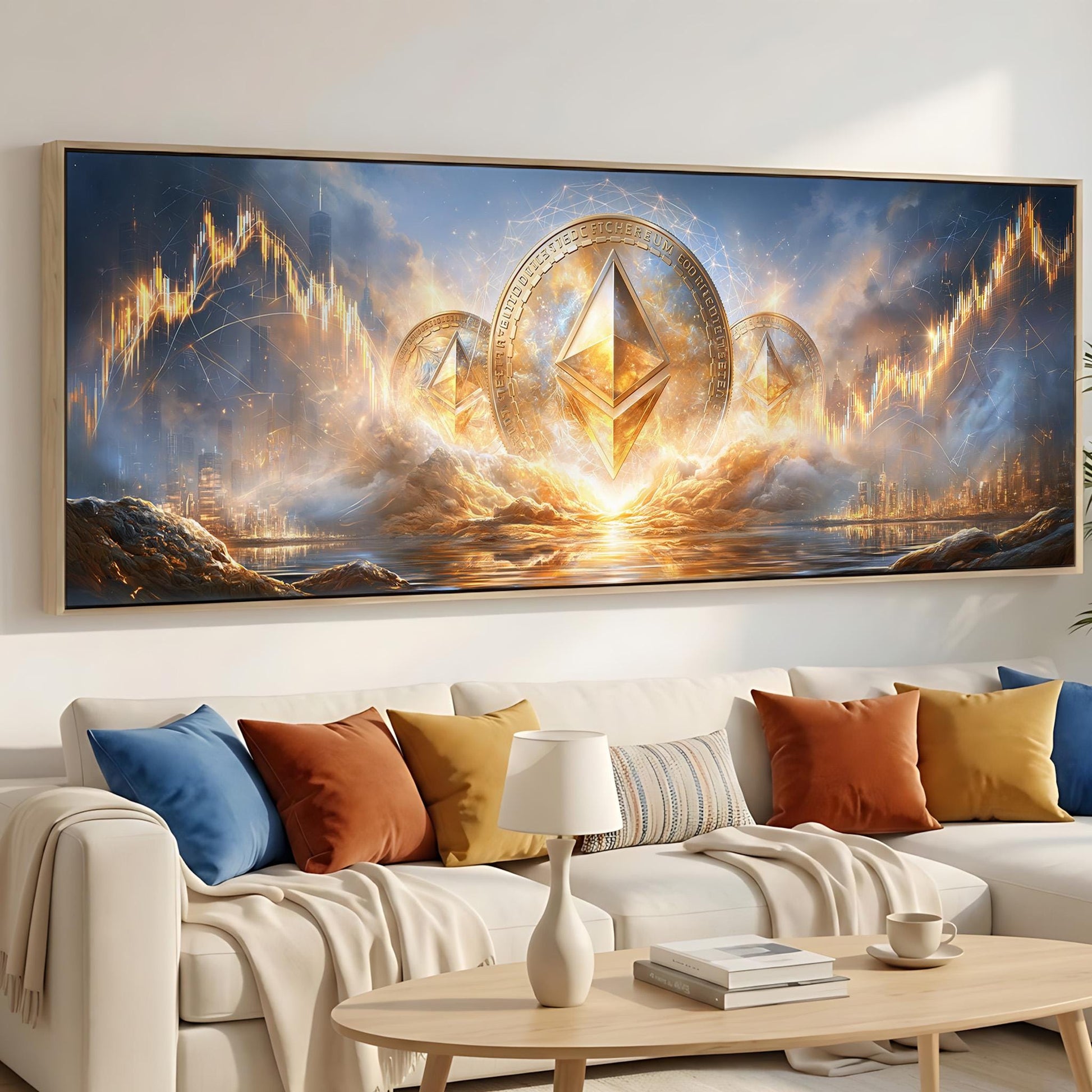 a large, colorful painting of a fantastical landscape with a central golden triangle surrounded by a swirling, ethereal cloud formation. The painting is displayed on a wall above a white couch with colorful throw pillows.