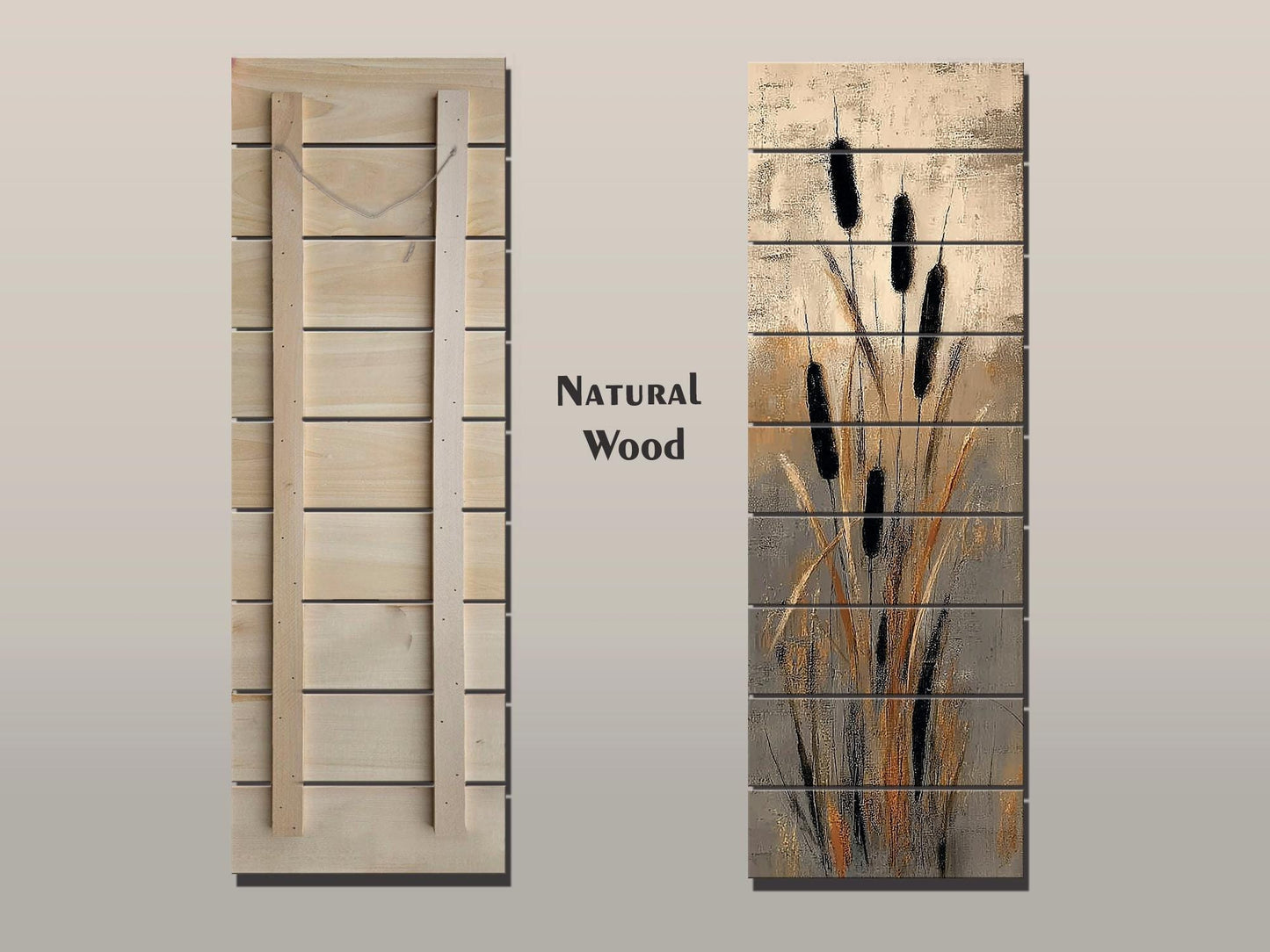 Cattails Abstract Art Print on Wood, Neutral Textured Nature Painting, Rustic Wall Decor
