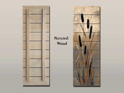 Cattails Abstract Art Print on Wood, Neutral Textured Nature Painting, Rustic Wall Decor