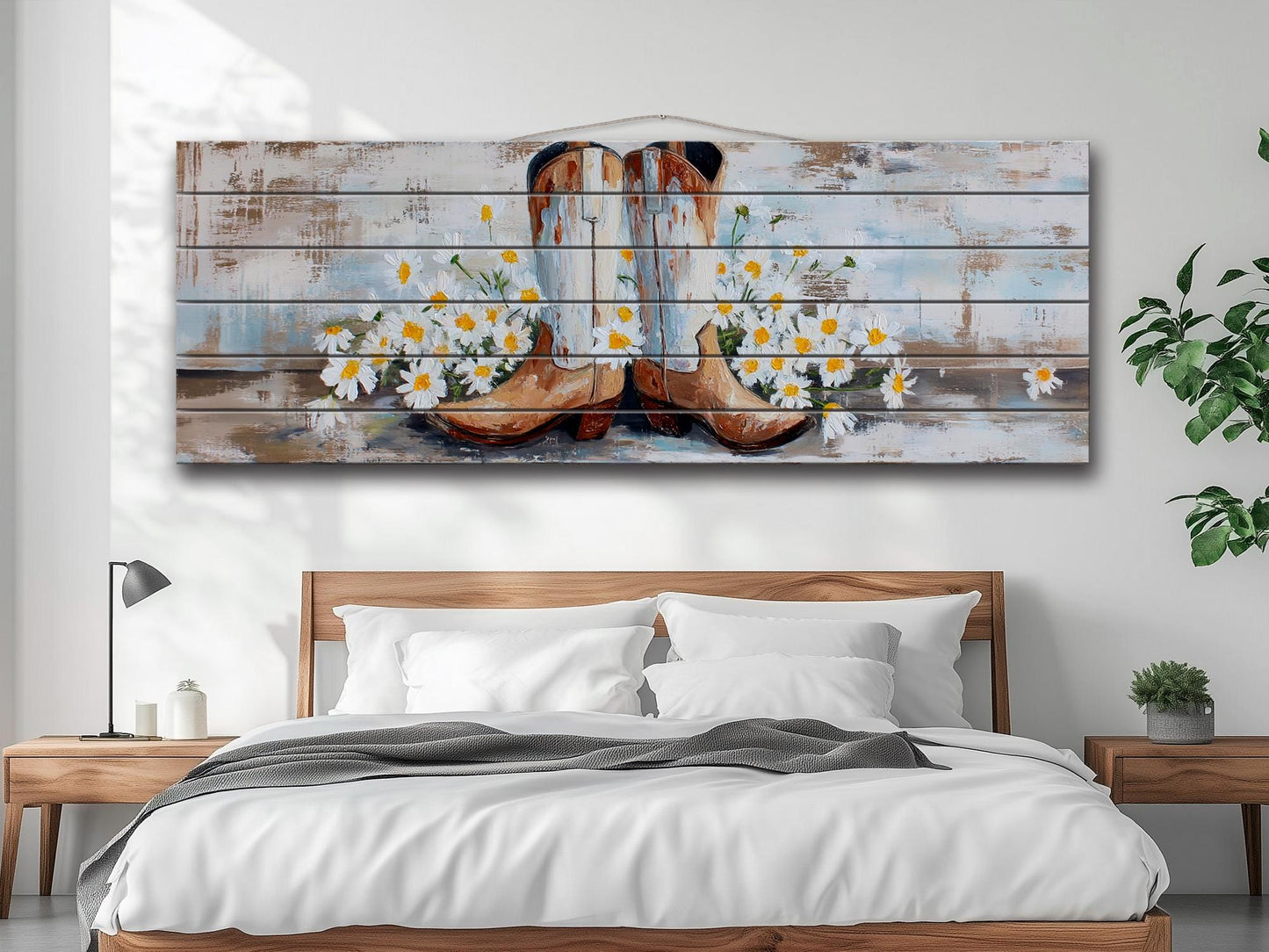 Cowboy Boots Wall Art - Handcrafted Wood Print | Rustic Western Decor with Daisies