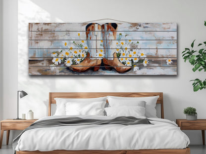 Cowboy Boots Wall Art - Handcrafted Wood Print | Rustic Western Decor with Daisies