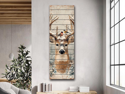 Deer Head Winter Print on Wood – Snowy Antlers Forest Scene, Rustic Wall Decor