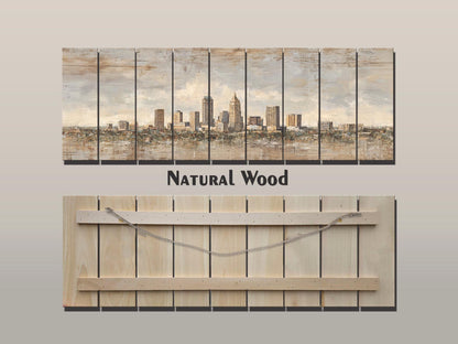 Indianapolis Skyline Wood Print – Rustic Wood Art | Beige Sunlight Painting