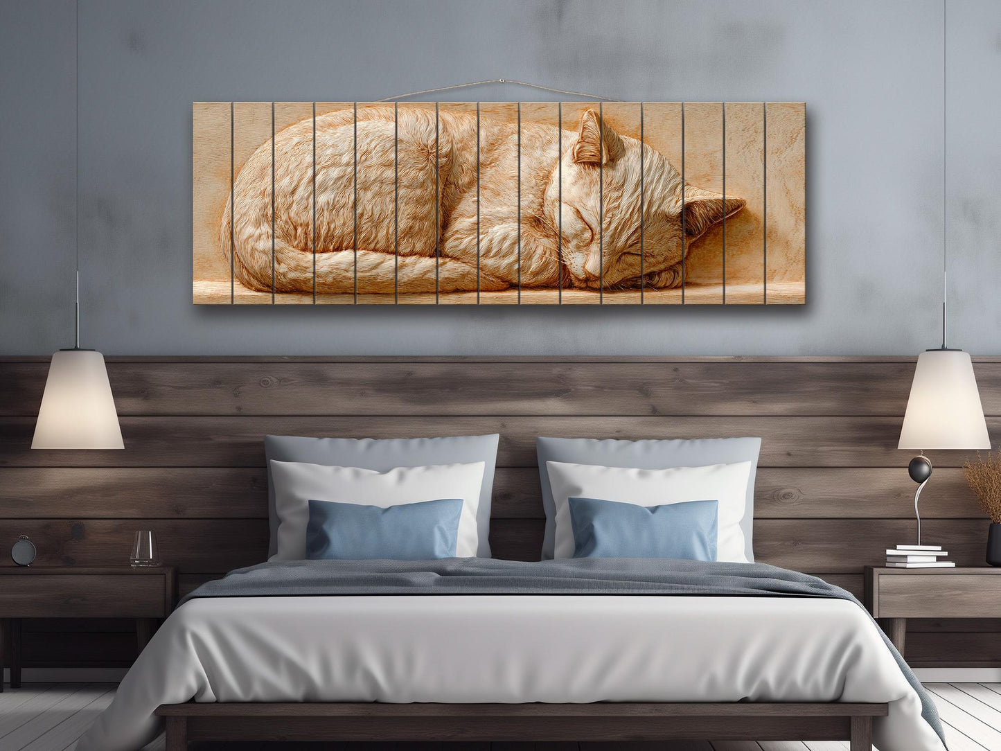 Sleeping Cat Wood Art – Rustic Wood Decor | Beige Wall Art | Cozy Home Print