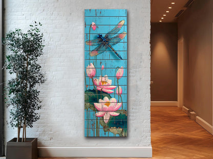 Rustic Wood Wall Art – Dragonfly Wall Print with Water Lily Artwork | Farmhouse Pond Decor