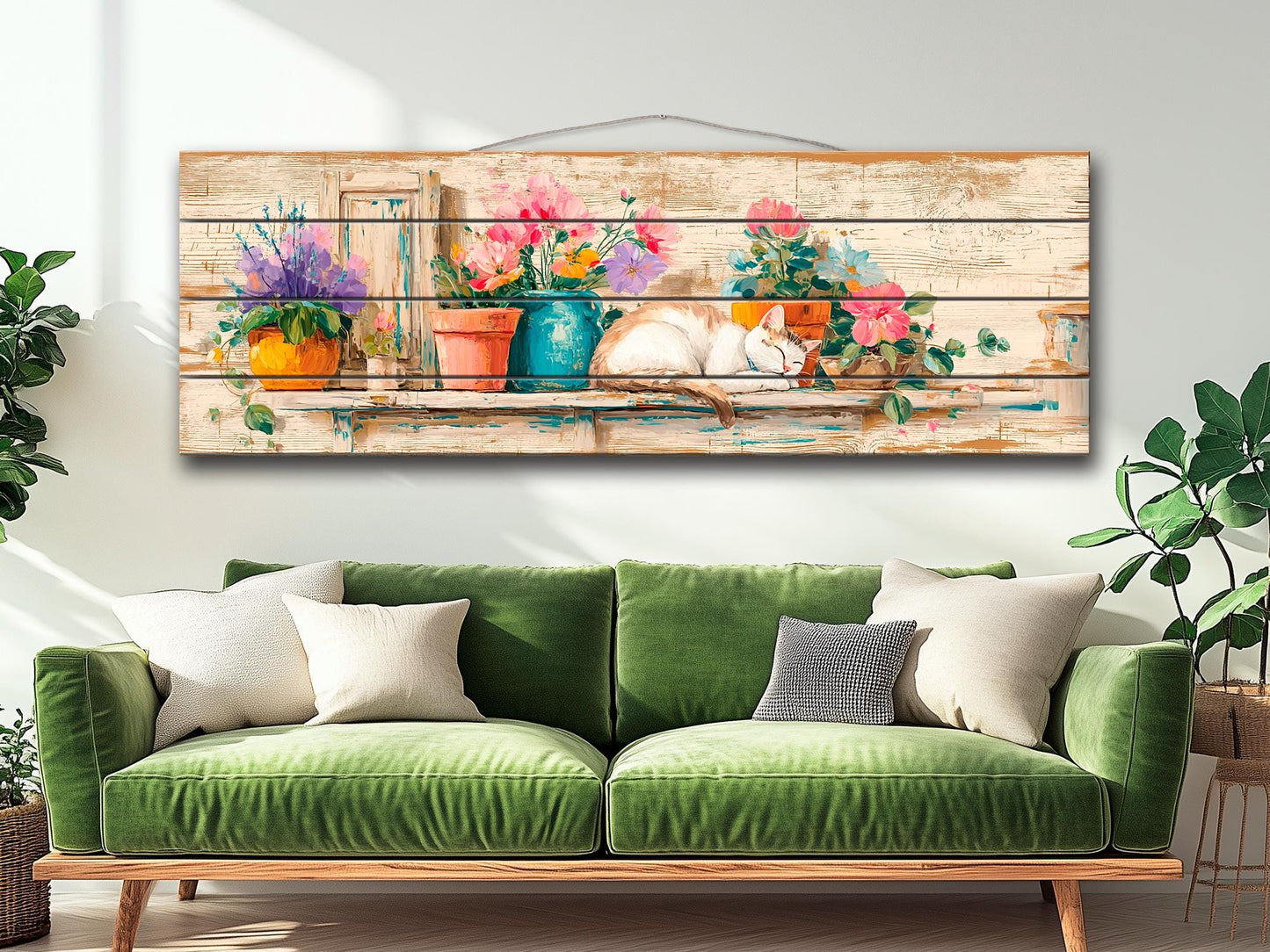 Wood Wall Art – Cozy Sleeping Cat Painting on Natural Wood Plank | Rustic Floral Decor