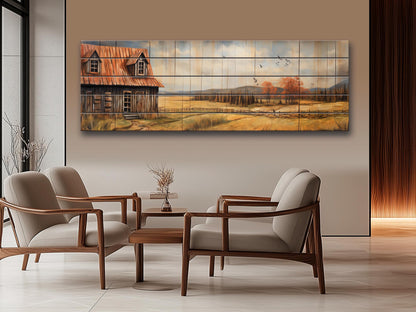 Rustic Farmhouse Wall Art – Natural Wood Artwork with Cozy Country Landscape Print
