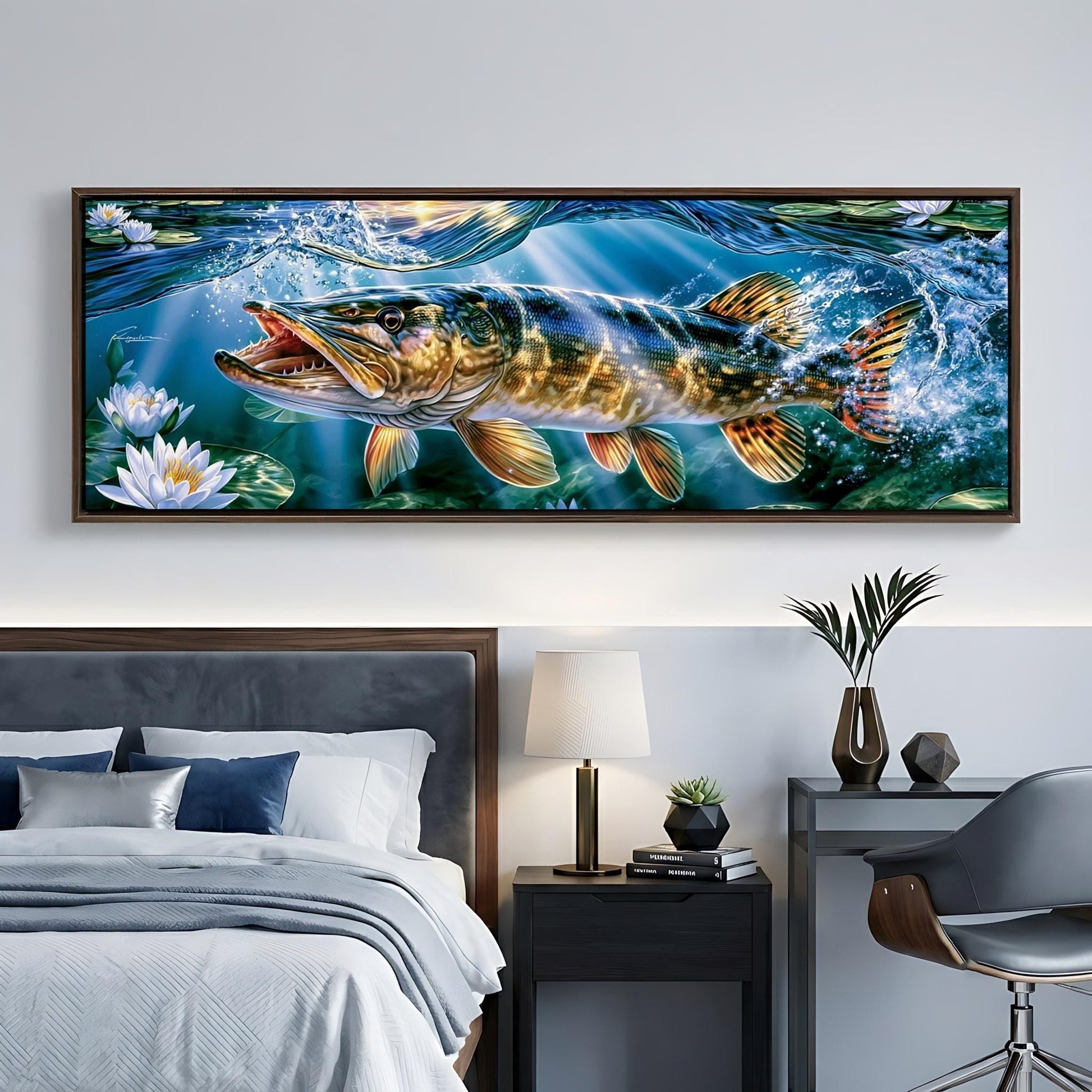 a large framed painting of a fish swimming underwater, surrounded by water lilies and other aquatic plants, hanging on a wall above a bed in a bedroom setting.