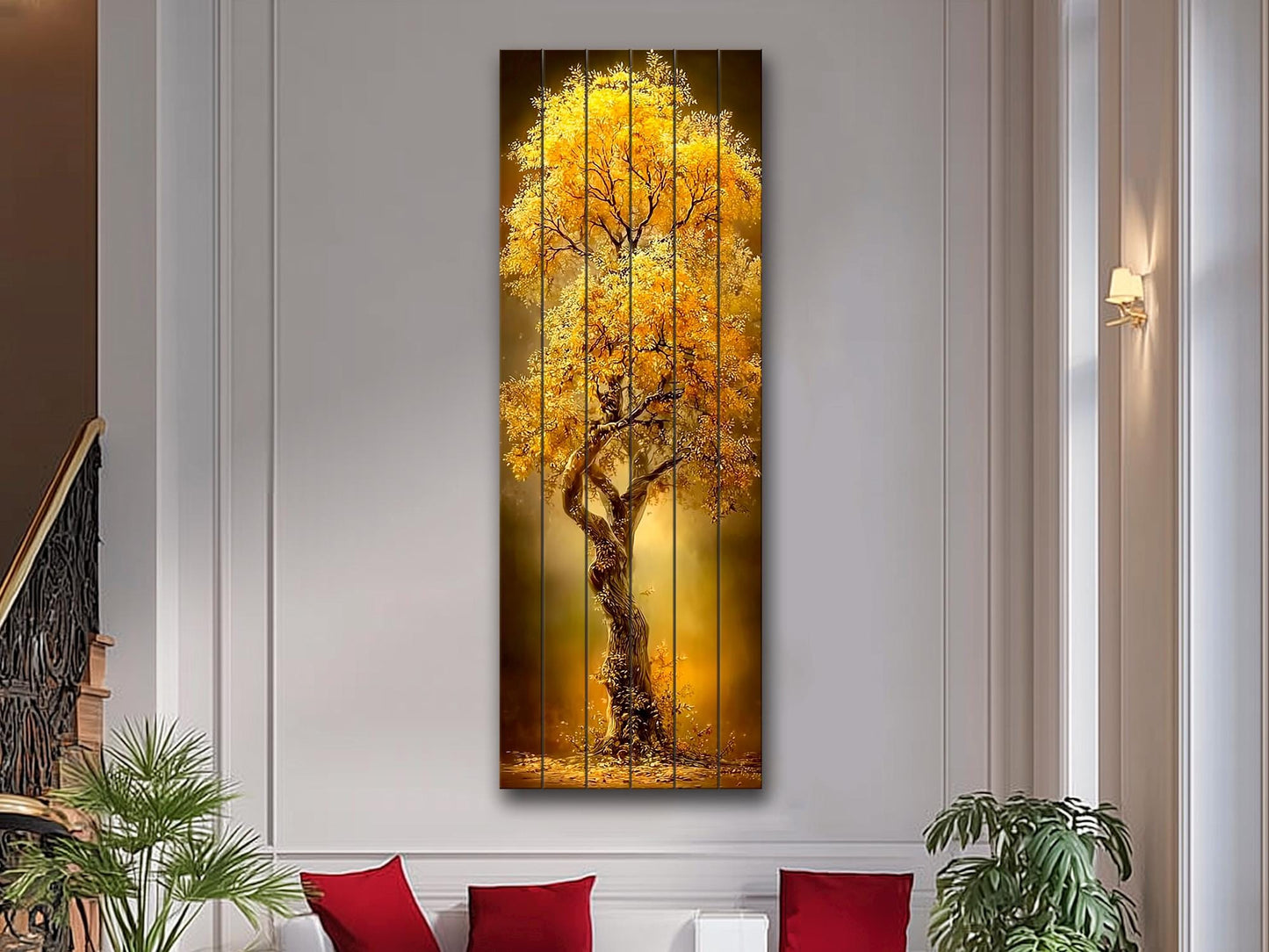 Golden Tree Print on Wood –  Tree with Golden Leaves, Modern Rustic Wall Decor