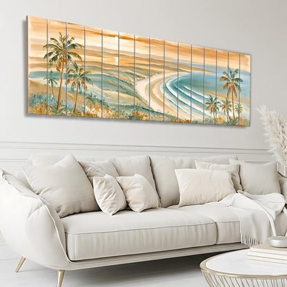 a large, colorful painting of a tropical beach scene with palm trees and a sunset over the ocean.