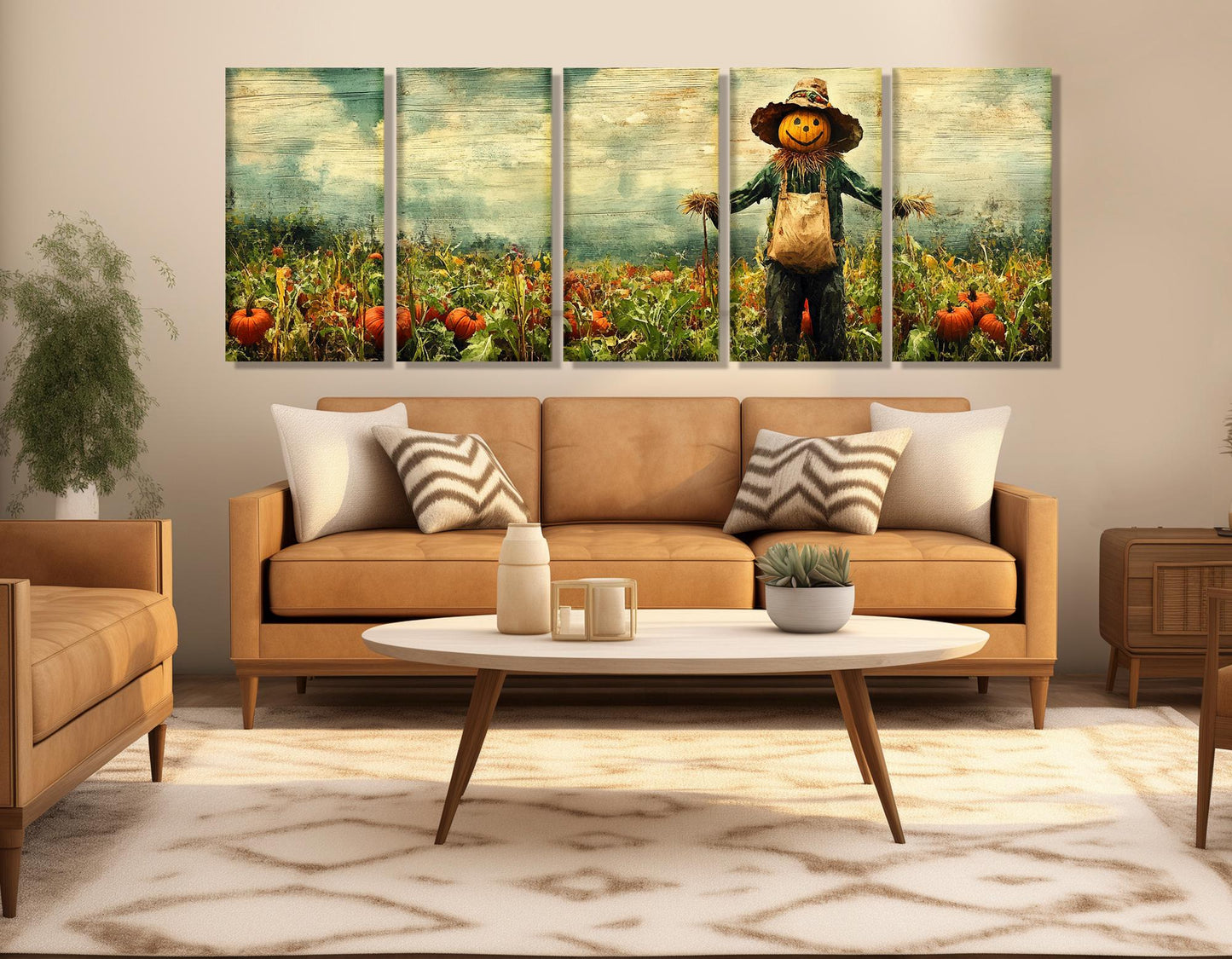 Scarecrow Pumpkin Canvas - Rustic Farmhouse Wall Art | Framed Ready to Hang