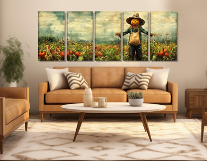 Scarecrow Pumpkin Canvas - Rustic Farmhouse Wall Art | Framed Ready to Hang