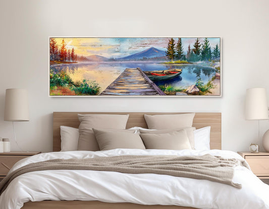 Lake Pier Canvas Print, Mountain Lake and Fishing Boat Painting, Framed & Ready to Hang