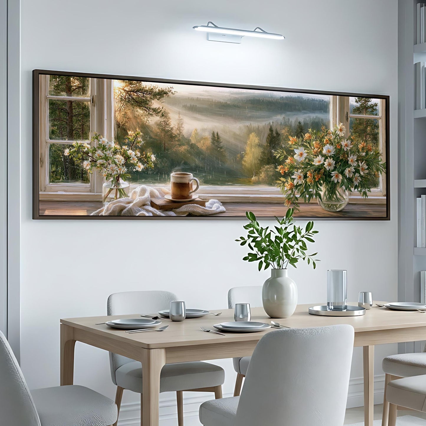 a large painting of a serene landscape with a dining table set for a meal, surrounded by chairs.