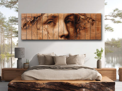 Burned Face Wood Print – Rustic Wood Art | Textured Wall Decor, Abstract Portrait