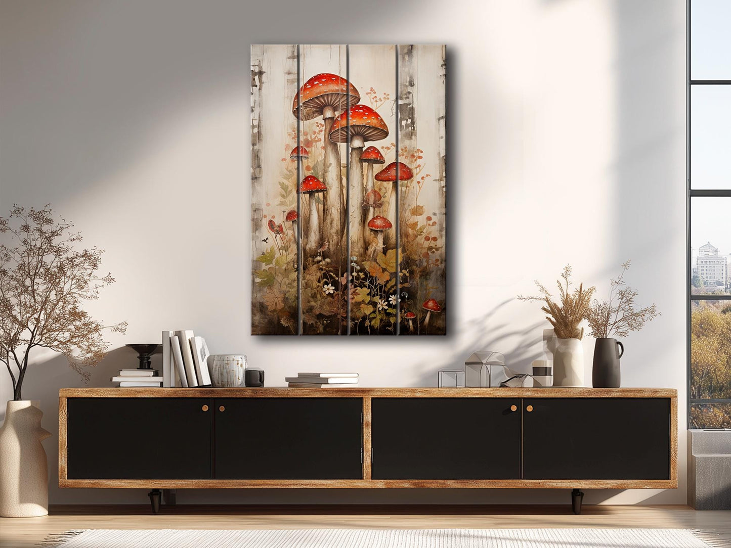 Rustic Wood Wall Art – Mushroom Garden Print on Natural Wood Planks