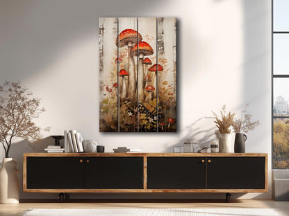 Rustic Wood Wall Art – Mushroom Garden Print on Natural Wood Planks