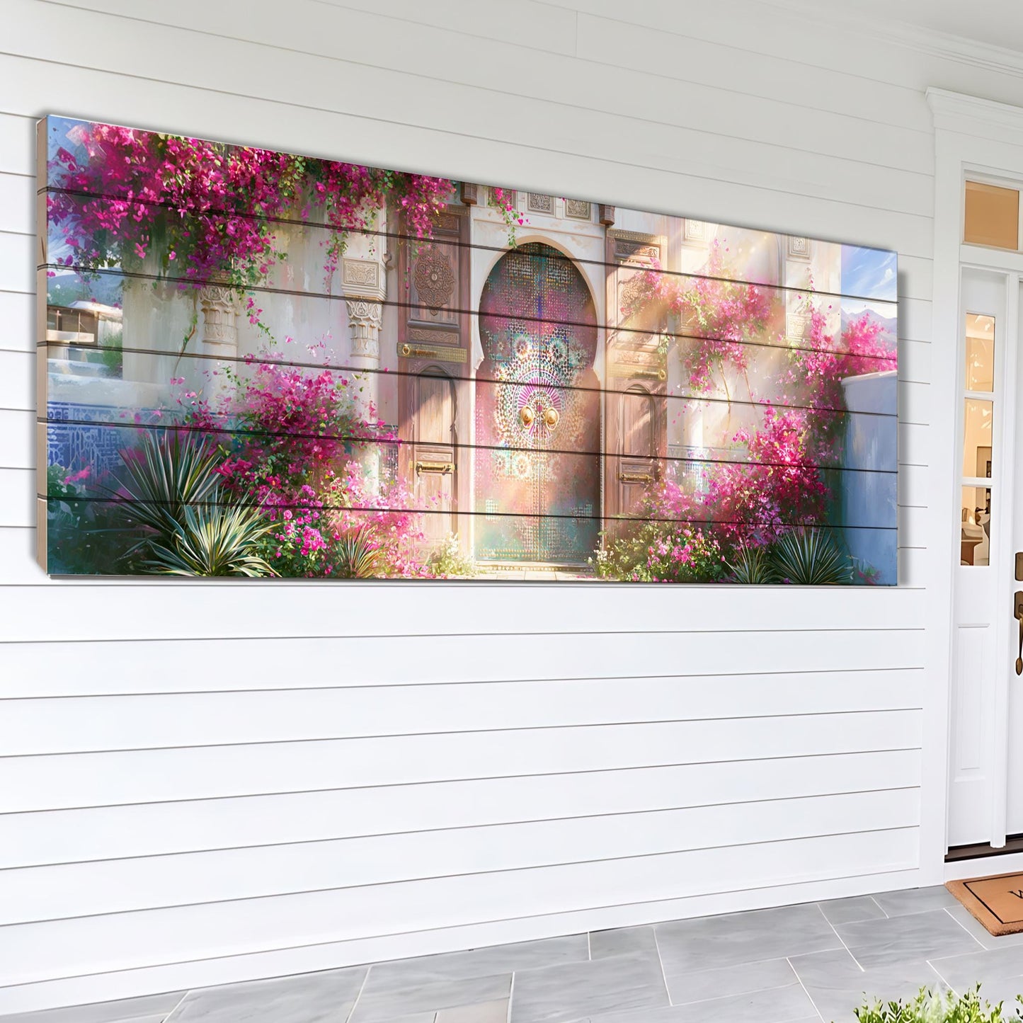 A large, colorful painting depicting a vibrant garden scene with pink flowers, a blue archway, and lush greenery.